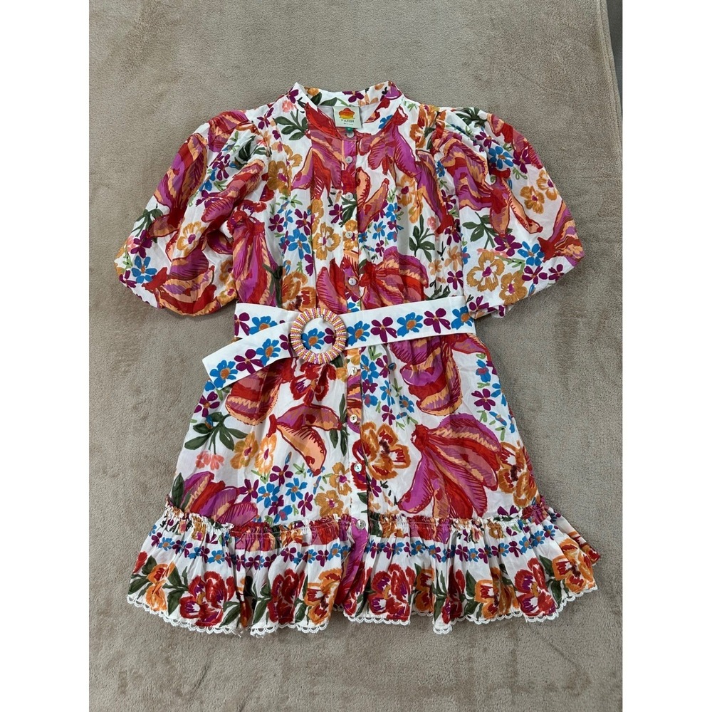 Farm Rio belted mini dress Womens M Pink Orange blue Floral Puff Sleeve EUC
